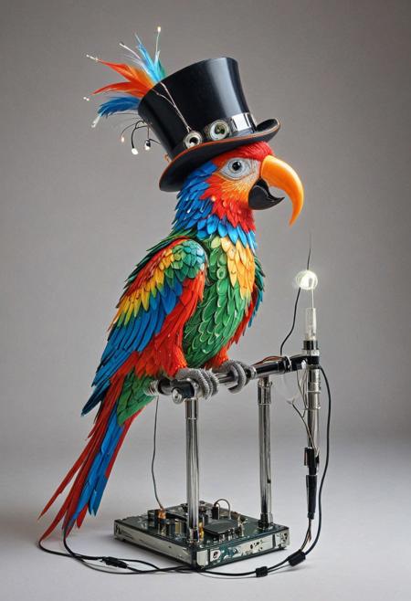 embedding:lazmpos, Transistors, LED, colorful LED lights, RGB lights, red green and blue parrot, art deco, top hat, cane, monocle,RetroBG