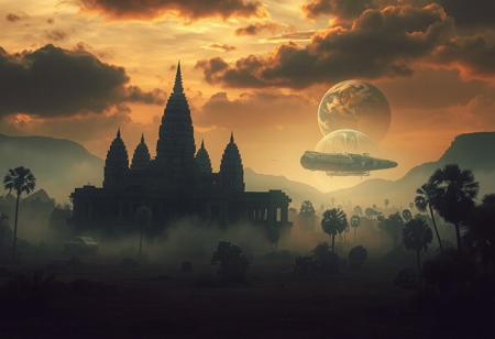 dawn of a new world, ancient cambodian temple in the mist of a futuristic alien landscape. A large industrial looking freight carrying space transporter can be seen in the distance slowly exiting earths atmosphere