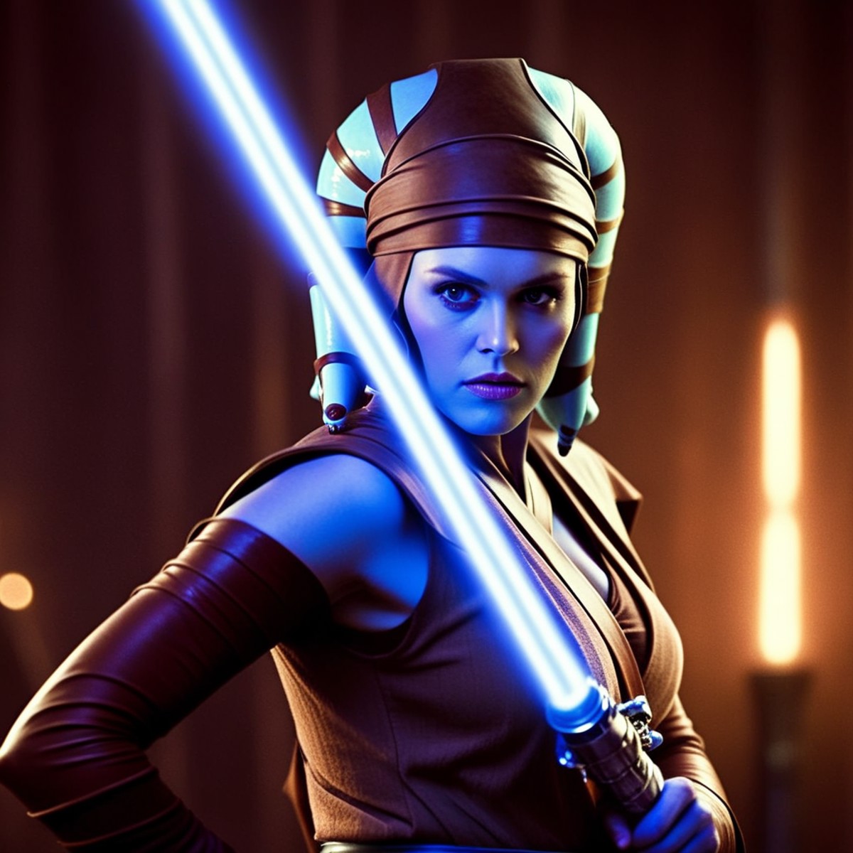 cinematic film still of <lora:Aayla Secura:1.5>
Aayla Secura a blue skin color woman in a star wars outfit holding a light...
