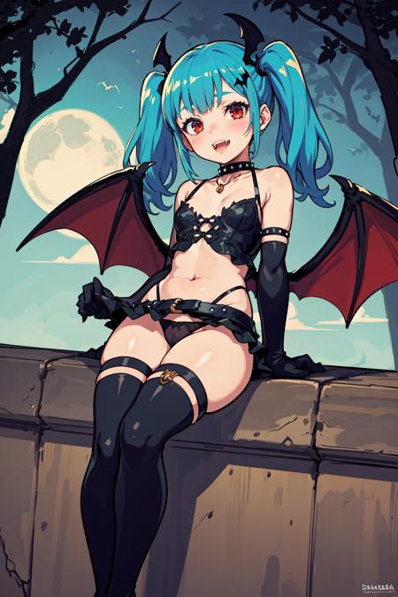 Candid Shot At Girl Picture, Volumetric Lighting, Best Shadows, Shallow Depth of Field, Portrait Of Stunningly Beautiful Girl, Petite, Delicate Beautiful Attractive Face With Alluring Red Eyes, Seductive Smile, Open Mouth, Cute Fangs, Lovely Small Breasts, Bat Barrette, Layered Long Twin Tails Aqua Blue Hair, Bat Wings On Head, Blush Eyeshadow, Thick Eyelashes, Choker Necklace, Black Short Dress, Slim Belly, Open Navel, Bat Wings Armbands, Studded Belt Skirt, Thong G-String Pantie, Gloves, Thigh Highs, Ankle-High Boots, Dreamlike Nightscape, Gothic Castle Under Full Moon, Dark Bara Tree, Bats Flying Above, Sitting On The Top Castle Wall, Looking At Other, Enjoy The View, (Highest Quality, Amazing Details:1.25), (Solo:1.3), Brilliant Colorful Paintings