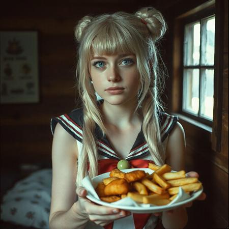 iphone 8 photo of Oksana Akinshina, silver blond hair, green eyes, cosplaying as sailor moon, in an old slavic cabin, grainy footage, lots of freckles, holding a plate of fish and chips. The atmosphere is cozy yet melancholic, with soft natural light filtering through a small window. The image has a textured, film-grain aesthetic, reminiscent of old analog photography, with muted colors and a slightly desaturated tone."