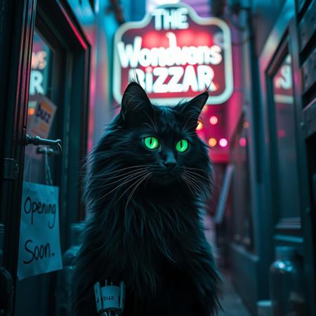 Highly detailed, 4k. Off in the distance A mystical long haired black cat with glowing neon green eyes with and ethereal glow that has cybernetic prosthetic limbs . Located in a back ally with lights in rich blues, teals, and purples, suggesting a mysterious environment creating a dreamlike, ethereal atmosphere. Off in the distance the cat sits in a shop window that has sign above the shops door that reads " The Wondrous Bizzar" On the door hangs a sign that reads " Opening Soon". The cat’s bright, piercing eyes draw attention to the shop that's off in the distance. Beside  the bottom of the shop door is a clear jar that has "buzz" written on it. The Shop seems to be filled with strange prosthetic parts that appear to be otherworldly.