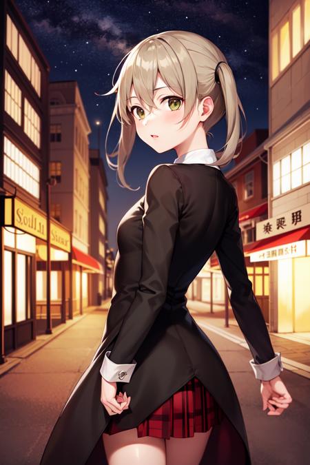 masterpiece, best_quality, 1girl, solo, maka albarn, soul eater, twintails, black coat, plaid skirt, city, night,