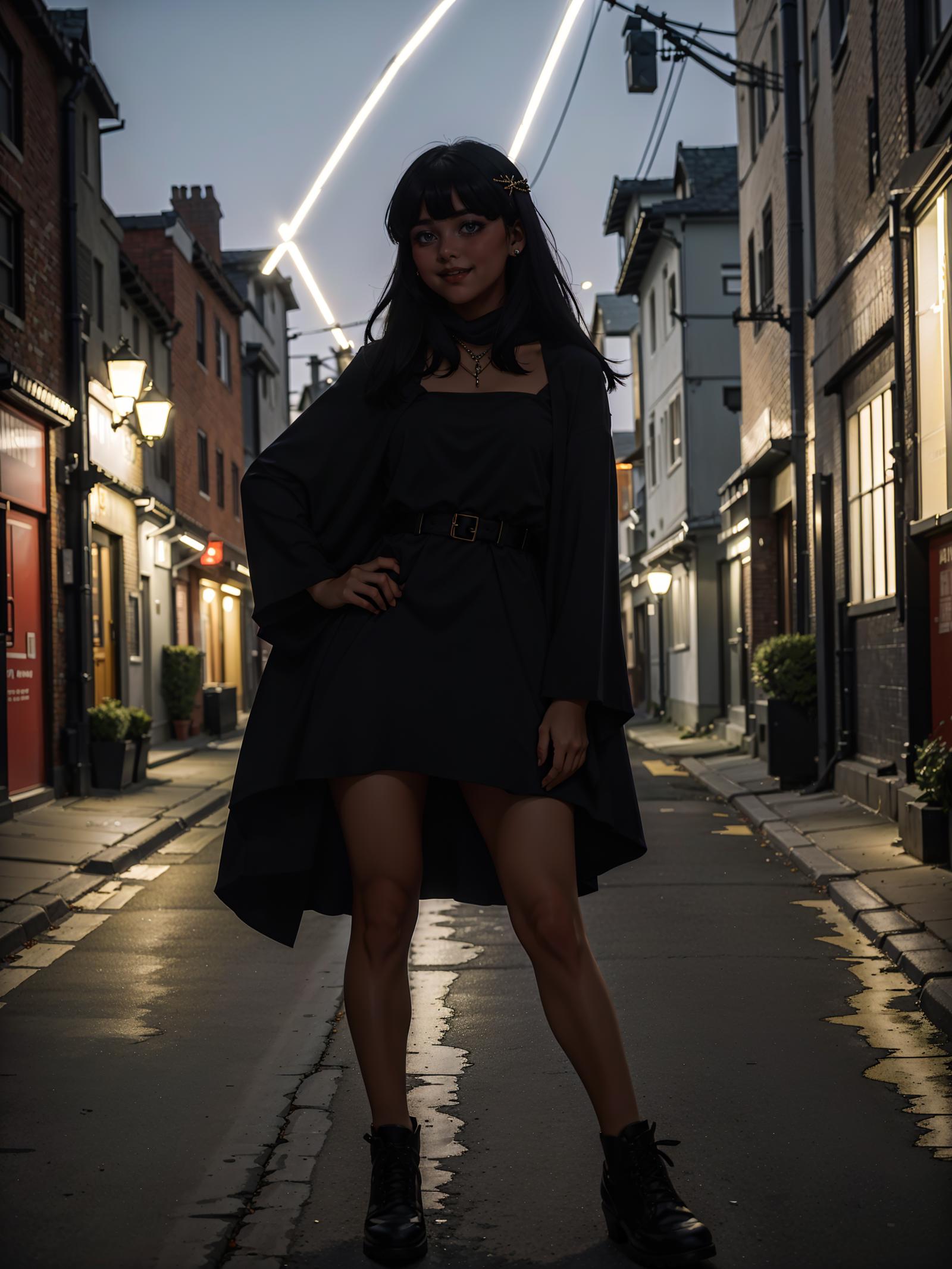 A woman in a black dress poses on a city street at night.