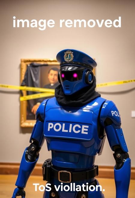 photograph of a blue police robot in winter parade uniform covering with a police hat. The peace keeping droid stands inside a museum. Behind on the wall, we can see a painting covered with a black tarp and police tape.
Title reads "image removed" at the top of the image.
Subtitle reads "ToS violation" at the bottom.