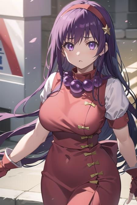 athena asamiya, long hair, hair ornament, (purple eyes:1.1), purple hair, hairband, star \(symbol\), star hair ornament, red hairband, gloves, jewelry, pants, fingerless gloves, necklace, bead necklace, chinese clothes, dress, red dress, puffy sleeves, short sleeves, white sleeves, red gloves,