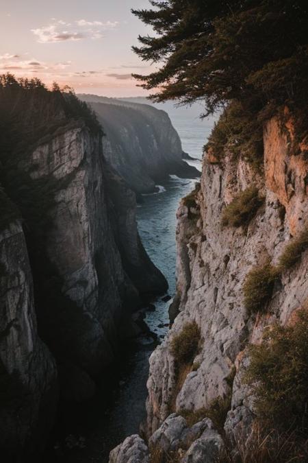 raw photo, a sunset landscape, oregon coast, granite beach, forested cliffs, cozy, photorealistic, high detailed texture, 8k uhd, dslr, soft lighting, high quality, film grain, Fujifilm XT3, Sony A7 IV, highly detailed photography, (muted colors, cinematic, dim colors, soothing tones:1.2), vibrant, insanely detailed, hyperdetailed, (dark shot:1.2), (vsco:0.3), (intricate details:0.9), (hdr, hyperdetailed:1.2) (highest coherency: 1.39) (highest quality: 1.39) (rule-of-thirds)