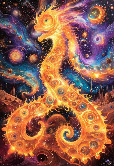 psychadelic, PsychadelicChaos, A colossal, translucent serpent coils through the sky, its body made of shimmering, liquid galaxies, each scale reflecting alternate timelines. Its eyes burn with the light of collapsing stars, and its breath releases ribbons of glowing smoke that form shifting mandalas in the air. Floating temples, built from fractured memories and marble clouds, orbit the serpent like celestial satellites, their spires bending and stretching unpredictably. The ground below is an endless desert of melted clockwork gears and flowing liquid mirrors, distorting the perception of space and time.