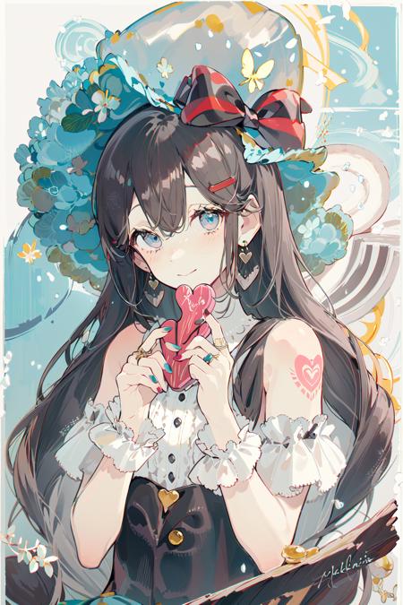 (masterpiece:1.2), best quality,PIXIV,Sweet girl portrait,
1girl, teddy bear, stuffed animal, stuffed toy, solo, holding, hat, holding stuffed toy, heart, bow, hair ornament, signature, earrings, jewelry, upper body, striped, hairclip, looking at viewer, hat bow, closed mouth, bangs, bare shoulders, hair between eyes, tattoo, box, black headwear, grey hair, striped bow, gift, blue eyes, red background, valentine, chocolate, ribbon, braid, nail polish, shirt, wrist cuffs, gift box, black bow, off shoulder, two-tone background, vertical stripes, hair rings, smile, long hair
 <lora:Sweet girl portrait_20231030170647-000018:1>