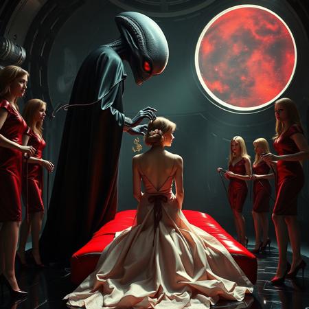 high-society elegant slender norvegian rich innocent young bride  kneeling  whorish red glossy bed from behind. She is ensnared by a towering, gray human-like alien, draped in a long, glossy black cloak, its eyes gleaming red with an otherworldly intensity.  its hands touching her head making  obey. Encased in light beam from the alien breeding chamber celling. Surrounded by strict ladies wearing  glossy satin dominatrix attire and glossy high heels,  holding whips.   weird wet-look black slime  walls and floor, colossus observation blister to outer space full of stars, bright red moon, vintage-inspired makeup, long hairs, ultra thin waist, evil grin, porcelain skin, lipstick, red nails, in the style of a haunting, retro-futuristic 1950s sci-fi nightmare, horror, alien space base,,