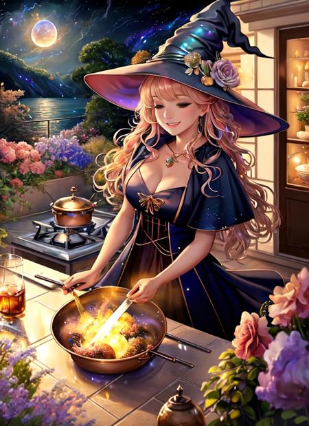 Style-NebMagic,  an award winning masterpiece character concept art of solo, a cute witch in a kitchen cooking spells, magic outdoor kitchen at night, magical mystical witch hat that transforms into Style-NebMagic, rose gold hair, multicolored iridescent dress, enchanting, short dress, cleavage, close up, (((looking at viewer))), laughter, glee,freedom, full moon, dynamic lighting, beautiful lighting, magical outdoor kitchen garden, ((from above)),  <lora:torinoAquaStyleLora_v1:0.3>