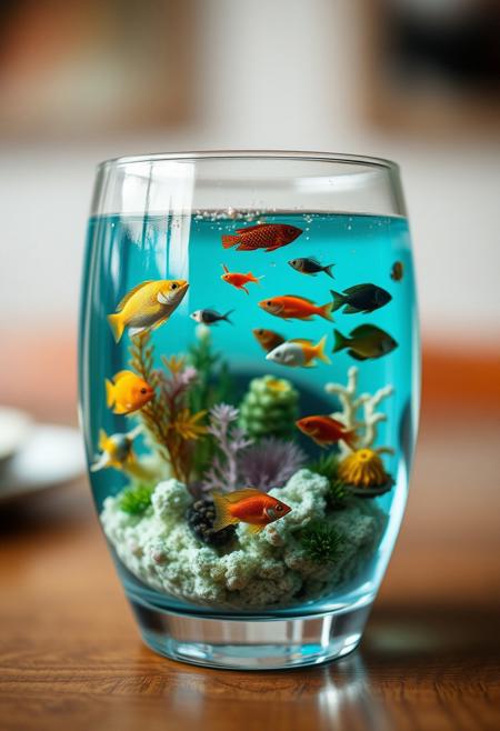 Depict a deeming micro ocean with fishes and other ocean life inside a glass of water on a table, shallow depth of field, realistic, photography, masterpiece.