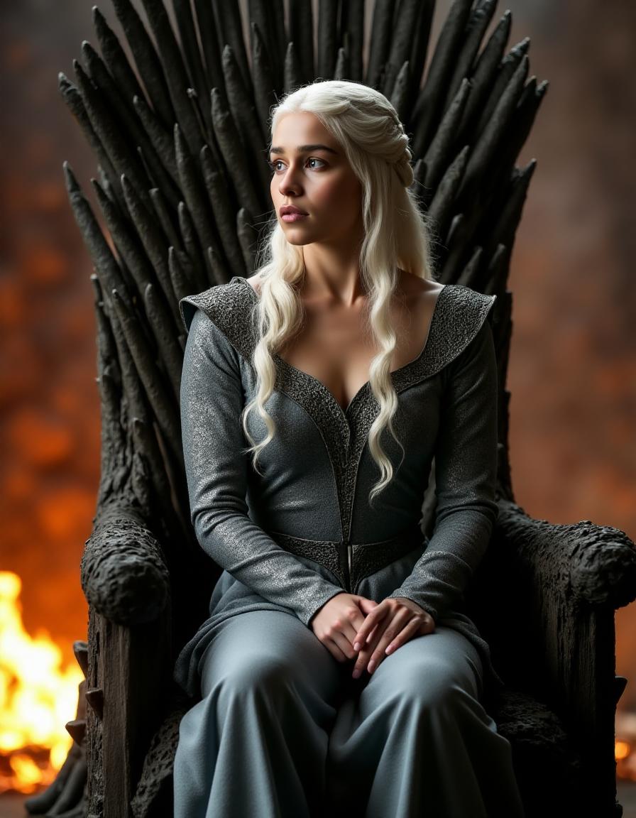 <lora:GOTemiliaClarkeQuiron_FLUX:1.7> GOTemiliaclarkeQuiron, a woman with white hair, Emilia clarke as Daenerys targaryen in hbo's 'game of thrones',   sitting on the iron throne with fire in the background  at Cursed Village