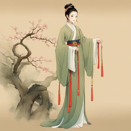 <lora:hannv:0.9>,LU,1girl,solo,hanfu,black hair,chinese clothes,earrings,hair bun,jewelry,full body,closed eyes,long sleeves,holding,standing,hair ornament,branch,wide sleeves,single hair bun,sash,dress,shawl,Chinese Hanfu,