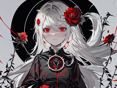 (best quality, masterpiece), (1girl, solo, black dress, standing , looking at viewer, white hair, red eyes, holding rose, closed mouth, upper body), (red dreamcatcher behind, red flower, )