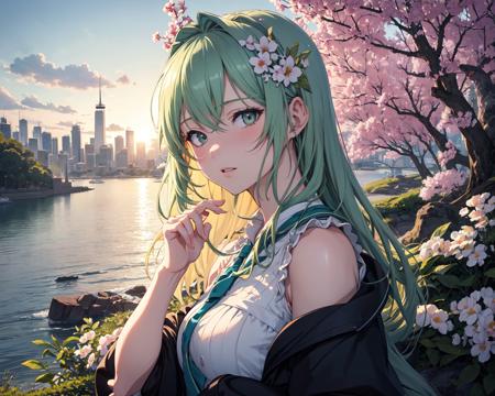 (best quality, masterpiece), 1girl, upper body,  anime key visual,  landscape of a Gorgeous Incredibly Detailed Sydney  and Statue of Liberty, Spring, Evil