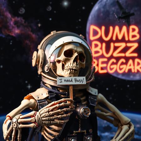 masterpiece, intricate photo realistic photo, realistic outer space skull astronaut in astronaut suite with helmet and transparent visor holding in the skeleton hand a small white sign on which is written "I need Buzz!", background outer space, stars, galaxies, nebulae, in the sky is written in neon letters "Dumb Buzz Beggar", as realistic as possible, hyper realistic, highly detailed, sharp focus, dusk and dawn of technology, dark art, gothic art, cyberpunk style, best quality, high resolution, colorful, vibrant colors, studio lighting, high quality image, no wrong proportions, 8K