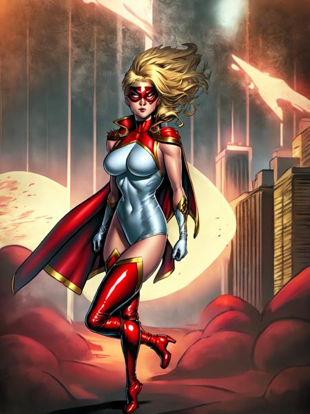 StarRipley, 1girl, solo,  <lora:StarRyanRipley:.6>,  1girl, solo, superhero, blonde hair, blue eyes,  gloves, cape, bodysuit, mask, , boots, thigh boots, thighhighs, white gloves, red cape, looking at viewer, domino mask,  red footwear,  BiL13L1SH