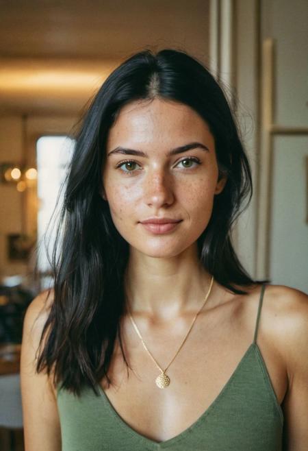 instagram selfie , a 23 year old gorgeous woman , slight smile , detailed skin face and eyes , natural lighting , at home , long black hair, wearing a silver necklace, film grain, low contrast, natural face , freckles , black hair , green eyes, dark circles under eyes, in a cute apartment in paris, golden hour