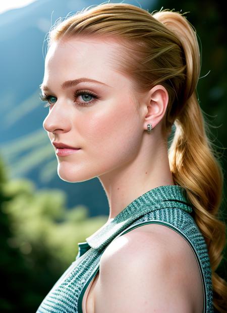 portrait of Evan Rachel Wood, bashful , wearing casual wear , with green Ponytail , background mountain epic (photo, studio lighting, hard light, sony a7, 50 mm, matte skin, pores, colors, hyperdetailed, hyperrealistic), <lyco:Evan Rachel Wood:1.1>