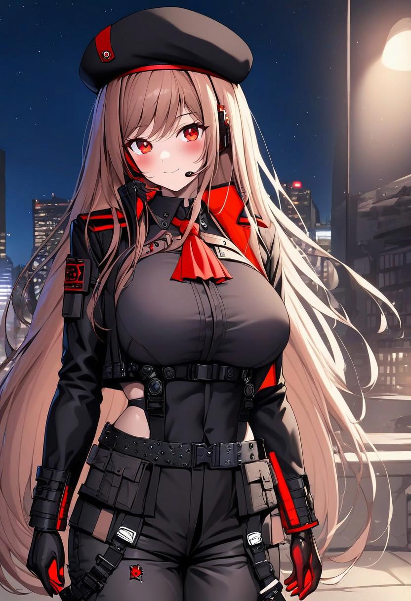 Rapi, (very long hair), brown hair, sidelocks, red eyes, big breasts, muscular body,
black jacket, cropped jacket, black shirt, red ascot, utility belt, belt pouches, (black cargo pants), gloves, (black beret), badges, headset mic, radio,
<lora:rapi:1>,
cowboy shot, looking at viewer, light smile, closed mouth, blush,
(city background), night time, dark