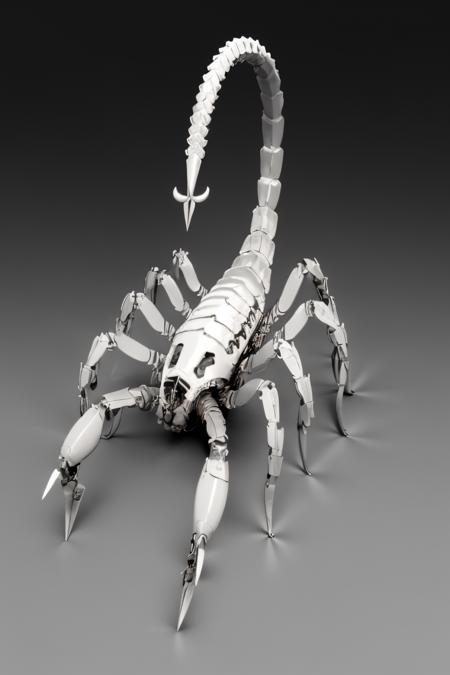 (Realistic:1.5) EdobScorpion, surreal, standing, artist name, machinery, grey background, multiple legs, greyscale, black pants, simple background, bone, sun,  <lora:EdobScorpionArtistic_v1.0:0.8>