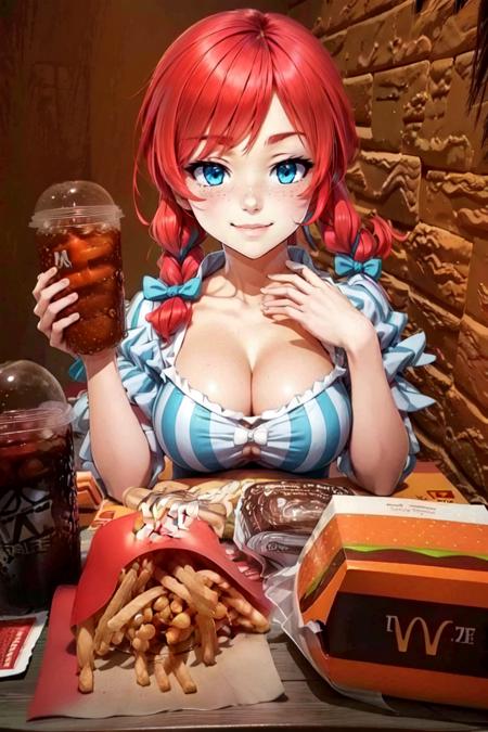 wendy (wendys),   red hair, blue eyes, blush, braid, pig tails,  apron, dress, highres, long hair, red background, smug, striped clothes, striped dress, waist apron, 
