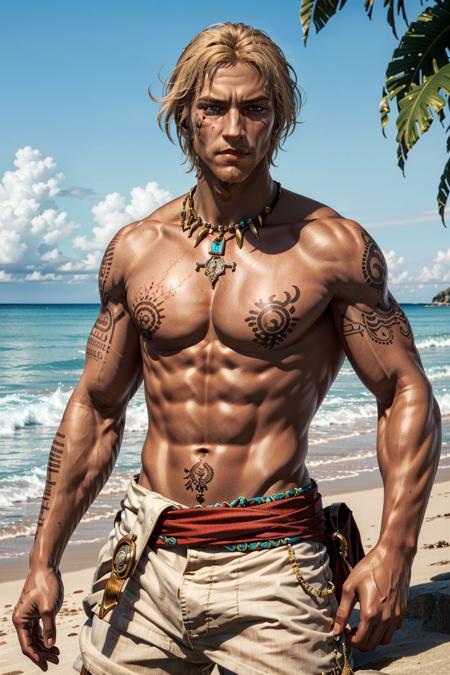 EdwardAssa, male focus, 1boy, solo, realistic, jewelry, necklace, tattoo, blonde hair, facial hair, blue eyes, scar, topless male, upper body, manly, pectorals
masterpiece, best quality,
<lora:epi_noiseoffset2:1>,   <lora:EdwardAssa:0.7>