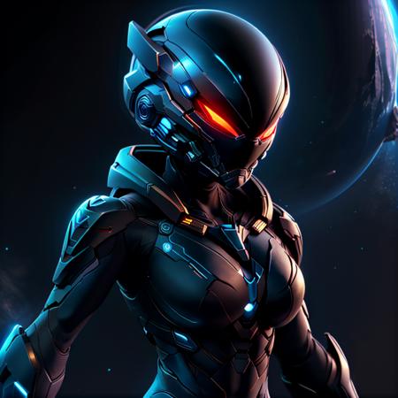 1girl, glowing eyes, blue, helm, night, space, black background, black bodysuit,  simple background, <lora:SpacesKnigts3.2-000006:1>