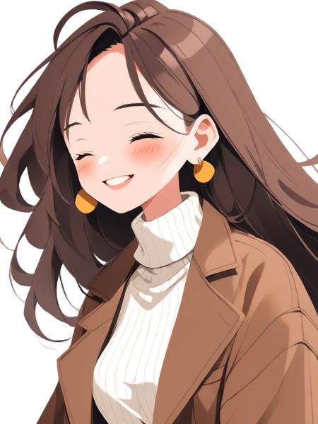 <lora:jijian_xl:1>ï¼ (\ji jian\), 1girl, solo, jewelry, long hair, closed eyes, earrings, smile, sweater, white background, blush, brown hair, simple background, turtleneck sweater, coat, turtleneck, ribbed sweater, brown coat, white sweater, parted lips, upper body, jacket