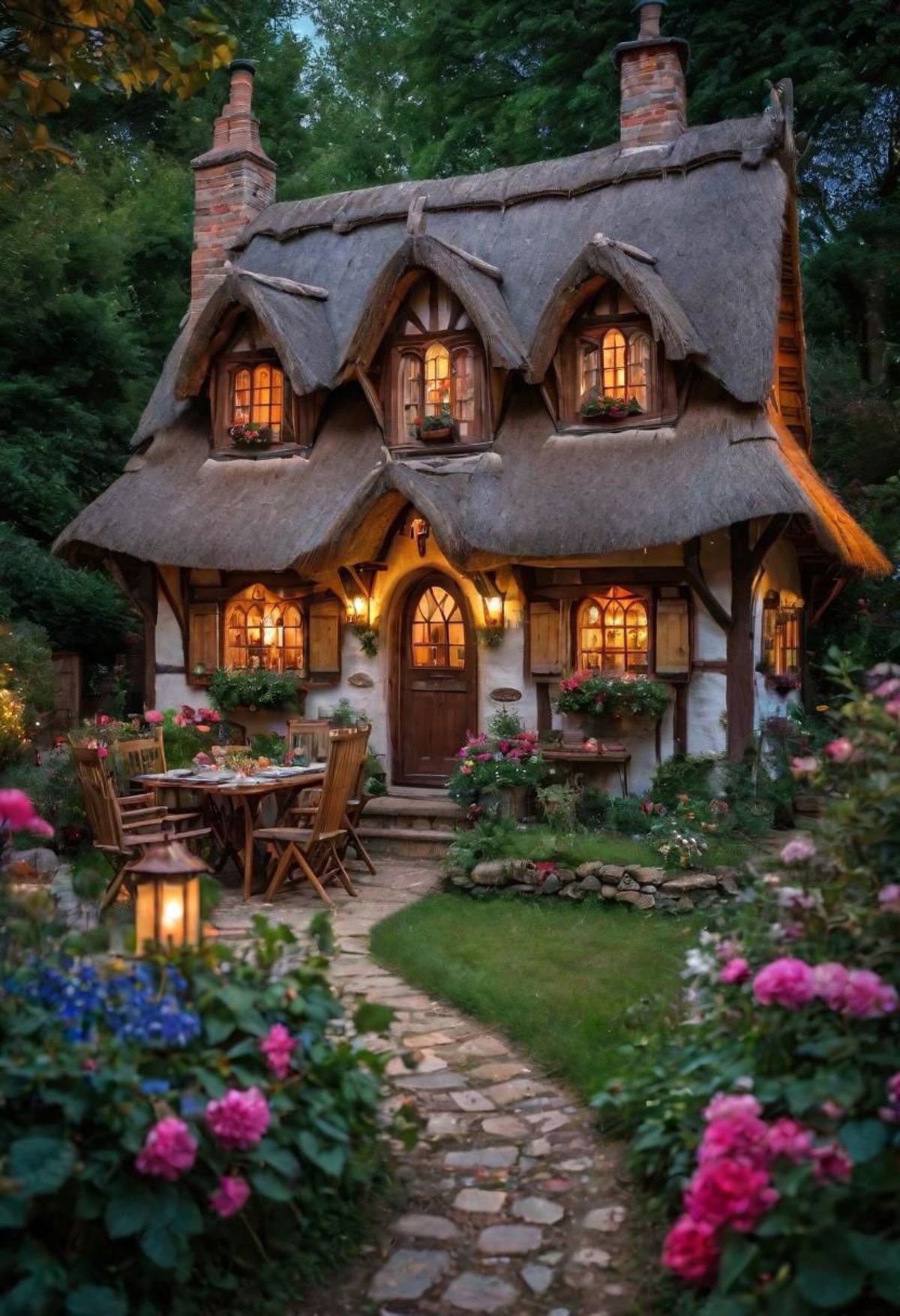 A cozy, fairy tale-like cottage with a garden and a vineyard setting.