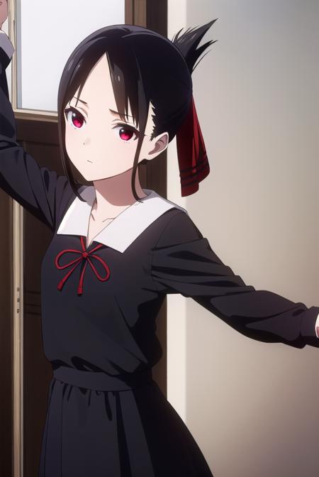 kaguyashinomiya, <lora:kaguya shinomiya s3-lora-nochekaiser:1>,
kaguya shinomiya, short hair, bangs, black hair, (red eyes:1.3), hair ribbon, sidelocks, folded ponytail, (parted bangs:1.5),
BREAK long sleeves, dress, ribbon, school uniform, collarbone, (black dress:1.2), sailor collar, white sailor collar, red ribbon, neck ribbon, shuuchiin academy school uniform,
BREAK indoors, classroom,
BREAK looking at viewer, (cowboy shot:1.5),
BREAK <lyco:GoodHands-beta2:1>, (masterpiece:1.2), best quality, high resolution, unity 8k wallpaper, (illustration:0.8), (beautiful detailed eyes:1.6), extremely detailed face, perfect lighting, extremely detailed CG, (perfect hands, perfect anatomy),