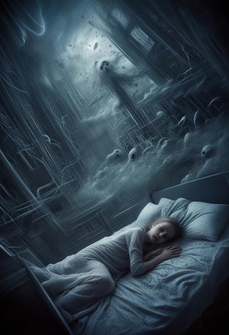 bedroom of a 30yo, sleeping, having nightmares, her bad dream manifests above her and nightmares of monsters are hovering about the little girl, horror,, ((high angle photograph, highly dramatic cinematic atmosphere)), ((the very detailed background is imposing, with angular intimidating, artdeco style architectural designs)), 
cinematic spiritual horror,  dynamic, , ((double exposures)),  very detailed background, ominous ethereal background,
 epiCRealism, epiCNegative, Photographer Martin Kimbell Style, ral-dissolve