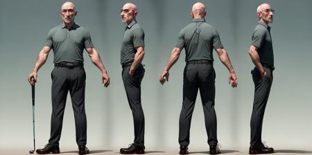 Character turnaround of bald man wearing glasses wearing golf clothing. MortNobody15