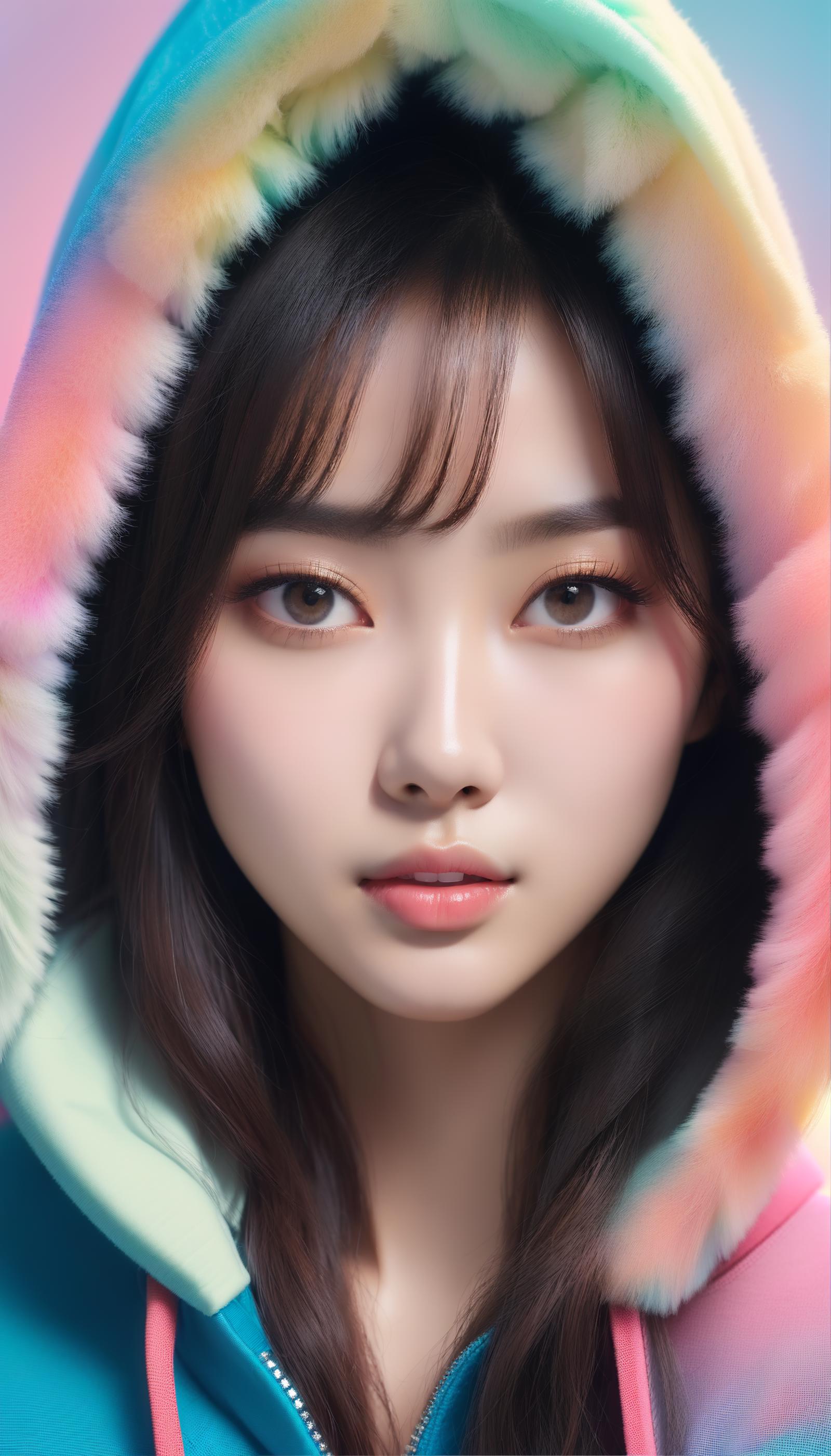 glamour shot of a beautiful Korean idol girl in a hoodie looking bashful at the viewer with a slight smile and winking, ph...