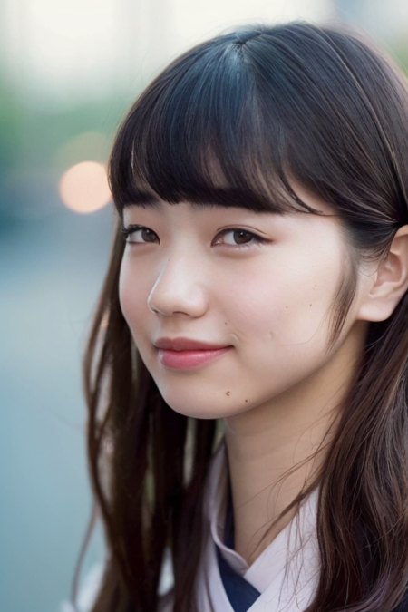 1girl,(wearing japanese school uniform),(RAW photo, best quality), (realistic, photo-realistic:1.4), masterpiece, an extremely delicate and beautiful, extremely detailed, 2k wallpaper, Amazing, finely detail, extremely detailed CG unity 8k wallpaper, ultra-detailed, highres, soft light, beautiful detailed girl, beautiful detailed nose,cinematic lighting,city lights at night,less eyebags,light smile,perfect anatomy,soft light