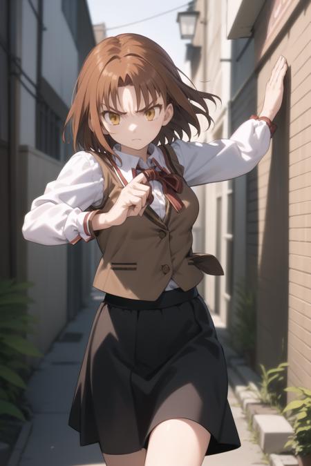 <lora:mitsuzuri-000016:1> mitsuzuri, homurahara academy school uniform, vest, brown vest, black skirt,
1girl, solo, alley, fighting stance, serious