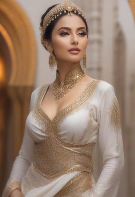(Trending on art station), (in the style of clint cearley), white and golden background lighting, very highly detailed image of mature arabian princess in a white and glittering gold ((maslin)) dress without crown, facing left side, looking direct to the viewer, very lean, epic fantasy artwork, she is (dressed as a belly dancer) with cleavage and detailed belly button , warm and cool color scheme art rendition, a painting of white silver, sfw busty, unusually unique beauty, amazonian, image overlays