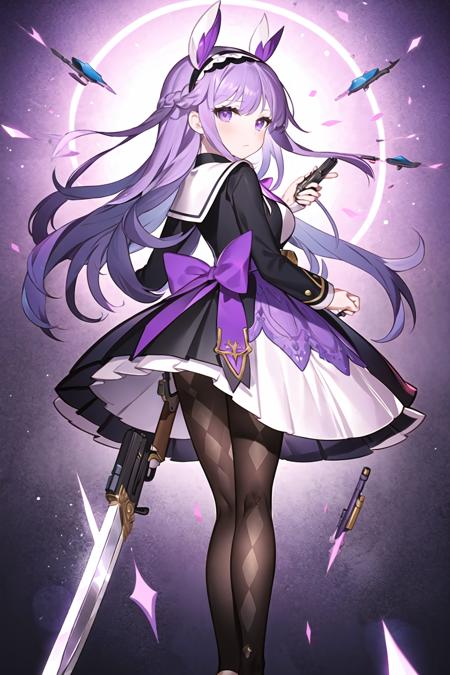 <lora:gwayo:1>, trnyteal, skirt, hairband, weapon, pantyhose, 1girl, holding, gun, frills, shirt, bangs, ribbon, standing, bow, argyle, long hair, black hairband, looking at viewer, black hair, holding weapon, purple eyes, long sleeves, holding gun, frilled skirt, looking back, pleated skirt, solo focus, purple skirt, closed mouth, very long hair, from behind, white shirt, feet out of frame, argyle legwear, floating hair, magical girl, black pantyhose, purple hair, purple bow