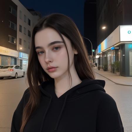 a photo of Dasha Taran, ohwx woman, wearing a black hoodie, standing on a city street, detailed skin, imperfections, blemishes, at night <lora:dashataran_SDXL:0.8>