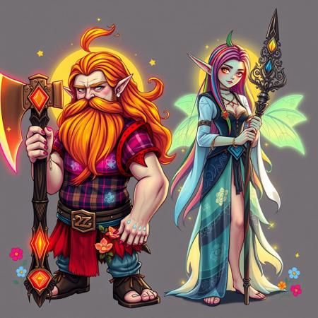 Draw a feminine  bioluminescent dwarf With copper hair, beard, Brightly coloured long finger nails, translucent plaid top, muscular arms, bright coloured flowers, sunshine, large ornate axe. And a feminine elf Brightly coloured long finger nails, reflective coat, translucent dress, sunshine, large ornate staff, rainbow hair,