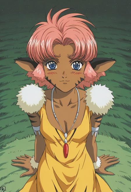 merlelora, 1girl, furry, short hair, pink hair, blue eyes, dark skinned female, tail, fur, dress, necklace, fur trim,  ///////////extras////////// jewelry,sandals,animal print retro artstyle, 1990 \(style\) :3