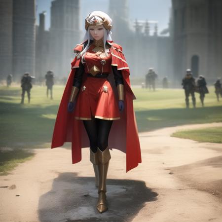 1girl, highres, masterpiece, ((edelgard emperor)), fullbody, standing, detailed face, battlefield, medieval setting