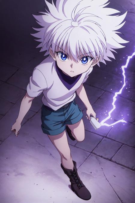 ((masterpiece, best quality)), (killua_zoldyck), 1boy, boots, male_focus, purple_background, purple_theme, shorts, solo, aura, full_body, epic, speed_lines, electricity, blue_eyes, short_hair, solo, turtleneck, white_hair, absurdres twilight, hxh2011  <lora:hxh2011:0.52>, masterpiece, best quality, highres, original, extremely detailed wallpaper, extremely detailed CG, (8k:1.1), (color), trending on artstation, cgsociety, pixiv, highly detailed, award winning, (beautiful composition, coherent:1.3), (god rays:0.5), perfect lighting, cinematic lighting, intricate, (symmetrical:0.4)