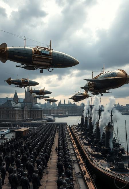 In the expansive harbor, a fleet of Victorian steampunk airships soars through the sky, their bronze and iron hulls glistening in the diffused morning light. Gears and propellers churn rhythmically, while steam hisses from the vents, propelling the airships toward the distant horizon. Below, the ground is a hive of activity, where an army clad in polished iron armor stands at attention, awaiting orders. The soldiers, positioned in precise formations, prepare to board the massive battleships docked along the pier. The navy's imposing vessels, crafted with industrial-era ingenuity, are lined up, chimneys spewing thick plumes of smoke into the sky. A sense of anticipation permeates the air as the forces ready for battle. The city behind them, with its towering gothic architecture, casts long shadows across the harbor, adding to the tension. The dramatic, low-angle shot captures the converging forces of air and sea, amplifying the chaos and strategic intensity of the moment. The sky darkens as storm clouds gather, setting an epic and moody cinematic tone.
Victorian age, industrial evolutionary-era, steampunk.
(Ultra-realistic, 32k, Masterpiece, High Quality, Detailed Realistic Background, Official Art, Realistic Lighting, filmfotos, film grain, reversal film photography).(captivating gaze:1.1), (contrast of light and texture:1.2), artistic interplay, (sharp luminous streaks:1.1), (detailed iris:1.1), Sony α7R IV, 1/320s, f/2.8, ISO 400), (intrinsic contrast:1.2).