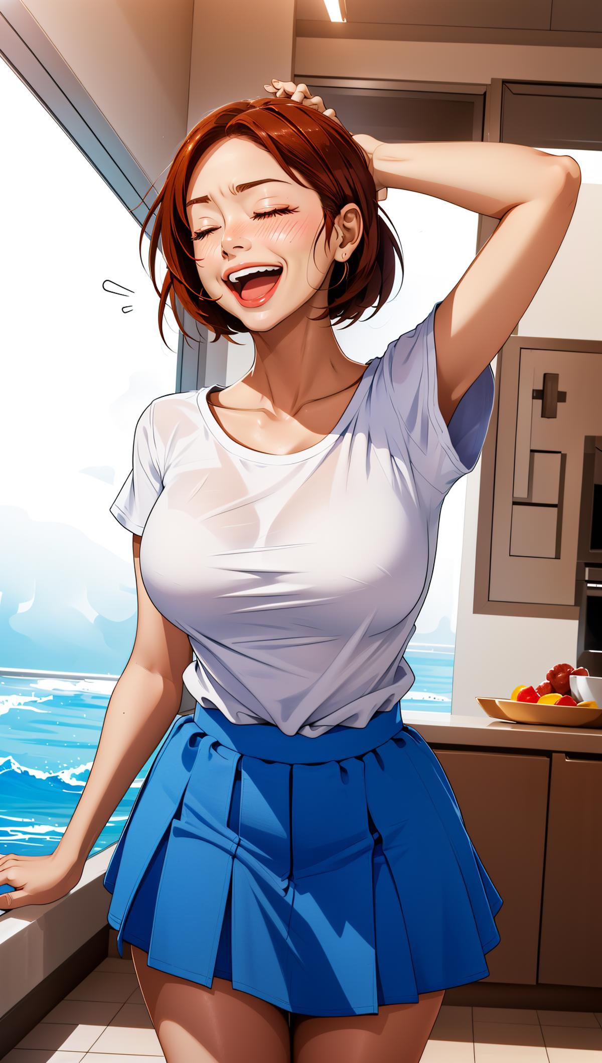 A cartoon drawing of a woman wearing a white shirt and blue shorts, laughing and smiling.
