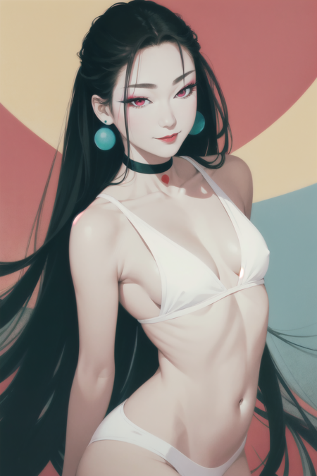 bijinga,
tsuruta ichiro, 1girl, solo, (super long hair:1.4), smile, blue|grey|green|red eyes, collarbone, lips, makeup, lipstick, red lips, v-neck,pastel color, choker, earring, sexy, nsfw, illustration,
<lora:ichirofull-02:0.9>