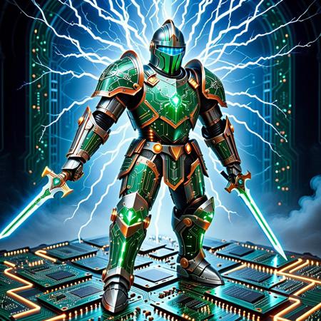 lazypos,  
Concept: PCB Knight, Cybernetic Crusader, Electronic Defender, Tech Paladin, Bionic Knight, Circuit Board Champion.  
Visual Aesthetic: pcb_style, circuit board art, electronic aesthetic, glowing circuits, wireframe effect, digital lines, futuristic tech, schematic patterns, highly detailed.  
Character Details: armored knight, valiant, glowing body (PCB), intricate armor, intricate circuitry, copper traces, solder pads, microchips, LEDs, optical fiber elements, metallic accents, organic yet mechanical, sleek, sword with glowing circuit blade, sensor eyes, hydraulic limbs.  
Effects: internal light, pulsing glow, bright light trails, digital shimmer, intense energy flow, translucent effects, reflections on metallic parts, crisp lines, electrical sparks, smoke/vapor from heat, digital battle cry (visualized).  
Colors/Hues: dominant dark greens (classic PCB), black, dark grey, with bright, noble highlights of silver, gold, bright blue for energy and lights; metallic copper, dark silver for traces and components. Heroic-tech palette.  
Background: digital castle, cybernetic battlefield, neon-lit arena, storm, lightning, dark void with neon elements.  
Visual Style: sci-fi knight, character design, conceptual art, technical illustration, highly detailed, atmospheric, futuristic, intricate, captivating, powerful.