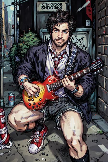 Dewey Finn,  (masterpiece,  best quality,  ultra-detailed,  highres), male focus,  facial hair,  1boy, ((solo focus)), necktie,  guitar,  instrument,  male focus,  leg hair,  shirt,  shorts,  facial hair,  arm hair,  shoes,  white shirt,  socks,  beard,  collared shirt,  sneakers,  black hair,  watch,  electric guitar,  middle finger,  wristwatch,  bracelet,  looking at viewer,  kneehighs,  jacket,  plaid,  city background,  street,  official art,  masterpiece,  extreme light and shadow,  rim lighting,  film quality, <lora:EMS-47352-EMS:1.000000>