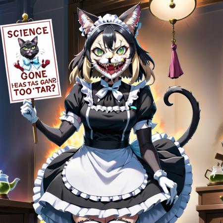 2d,anime,a fleshmutant anime cat maid wearing a maid outfit holding a poster reading "science has gone too far",cat ears.<lora:Fleshmutant_R2-000003:1>